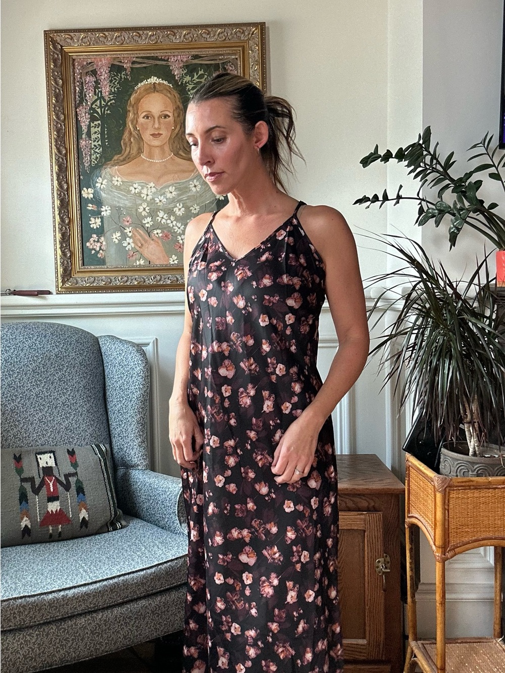 a new day Black Floral Slip Dress with Pink Rose Print